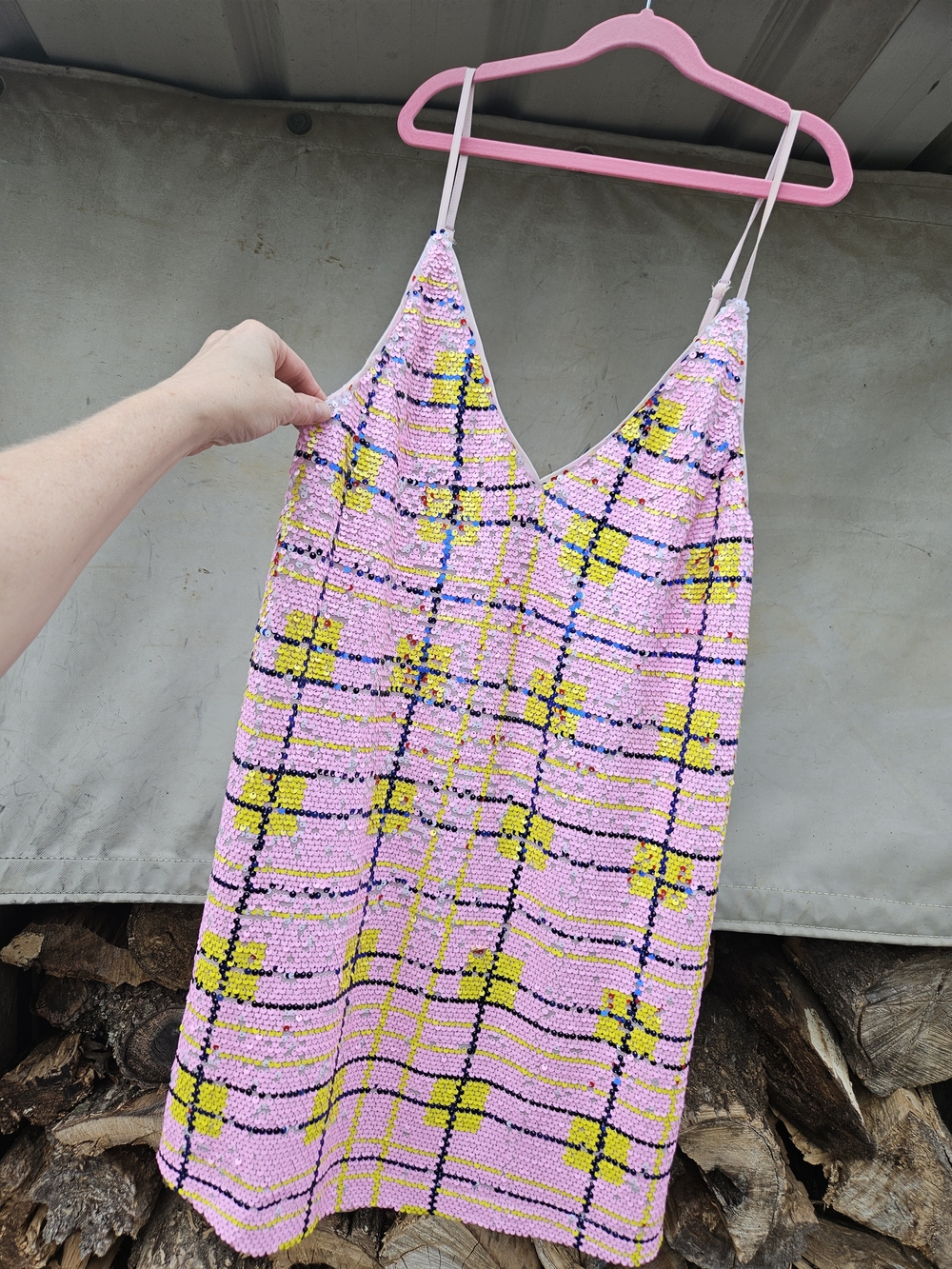 Pink Sequined Slip Dress with Yellow Check Detail By Buddy Love Sz. Medium
